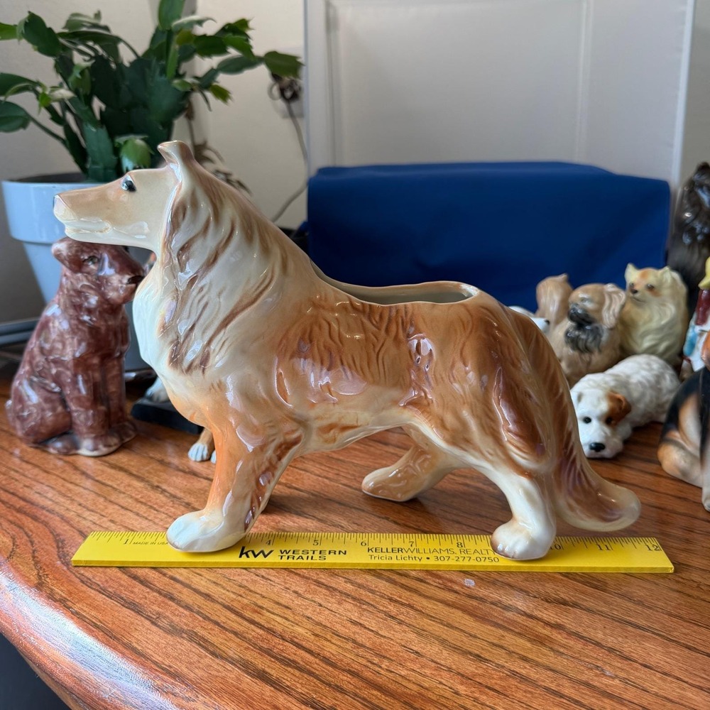 Vintage Collie Dog Ceramic Planter Large Lassie Style Tan White Glazed Figurine - Picture 11 of 11